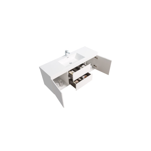 59'' Wall Mounted Double Bathroom Vanity in Gloss White With White Solid Surface Vanity Top