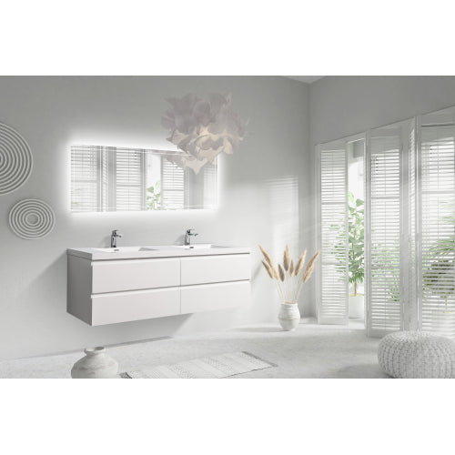 71'' Wall Mounted Double Bathroom Vanity in Gloss White With White Solid Surface Vanity Top