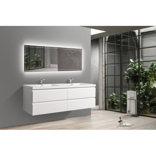 71'' Wall Mounted Double Bathroom Vanity in Gloss White With White Solid Surface Vanity Top