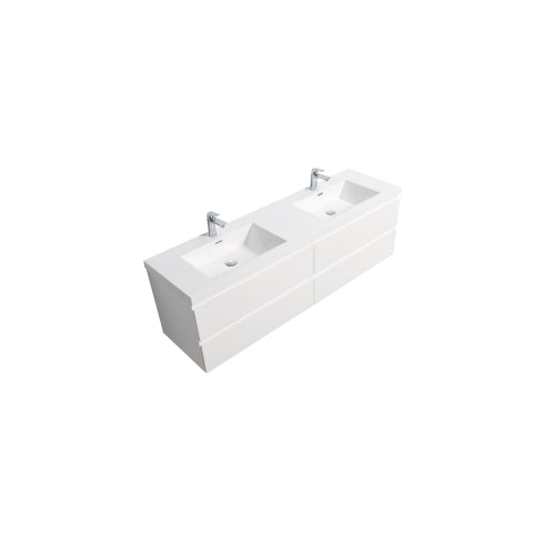 71'' Wall Mounted Double Bathroom Vanity in Gloss White With White Solid Surface Vanity Top