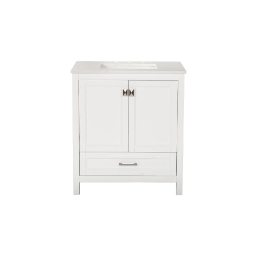 White 30-inch Vanity with Sink Combo featuring a Marble Countertop, and Bathroom Cabinet