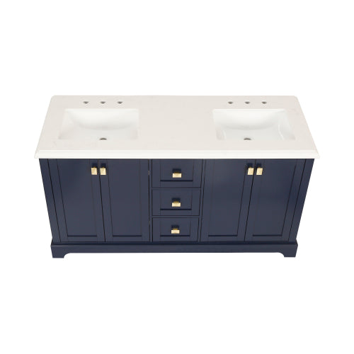 60-inch Navy Blue Vanity Sink Combo featuring a Marble Countertop, and Bathroom Sink Cabinet