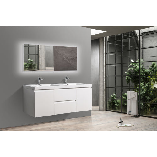 59'' Wall Mounted Double Bathroom Vanity in Gloss White With White Solid Surface Vanity Top