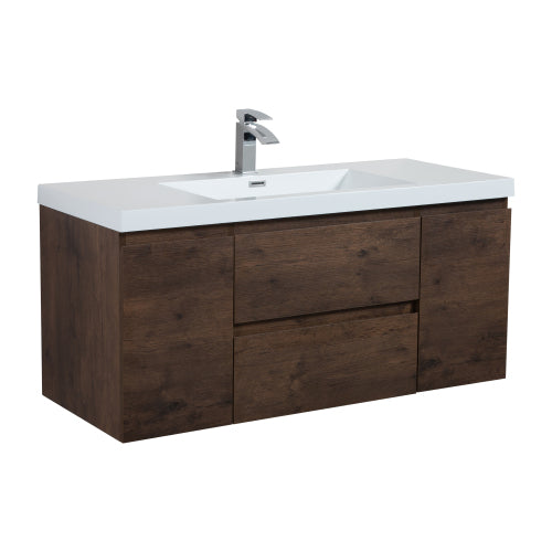 47'' Wall Mounted Single Bathroom Vanity in Rosewood With White Solid Surface Vanity Top