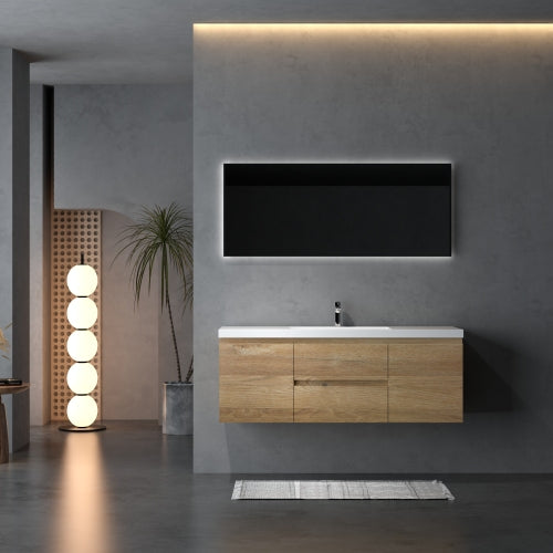 59'' Wall Mounted Double Bathroom Vanity in Natural Wood With White Solid Surface Vanity Top