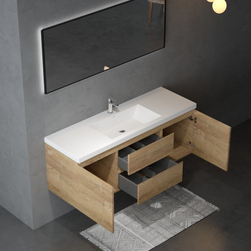 59'' Wall Mounted Double Bathroom Vanity in Natural Wood With White Solid Surface Vanity Top