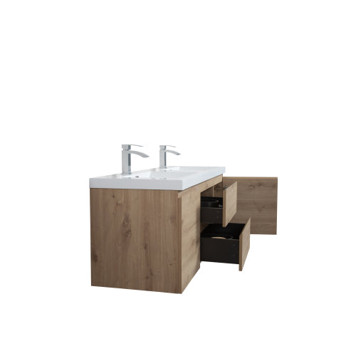 59'' Wall Mounted Double Bathroom Vanity in Natural Wood With White Solid Surface Vanity Top