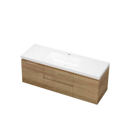 59'' Wall Mounted Double Bathroom Vanity in Natural Wood With White Solid Surface Vanity Top