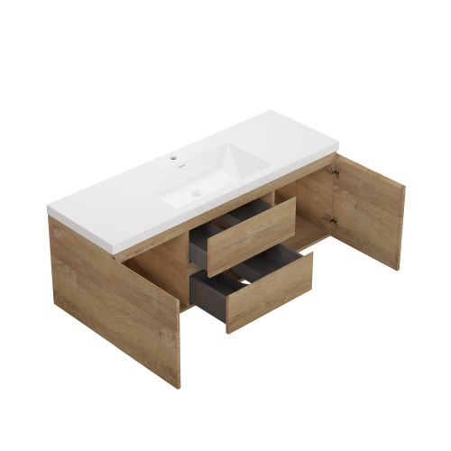 59'' Wall Mounted Double Bathroom Vanity in Natural Wood With White Solid Surface Vanity Top