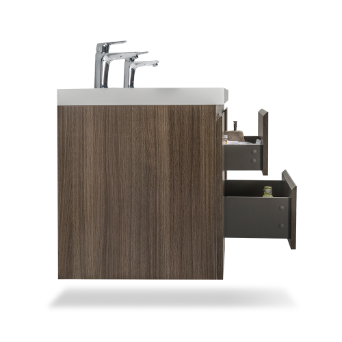 59'' Wall Mounted Double Bathroom Vanity in Rosewood With White Solid Surface Vanity Top