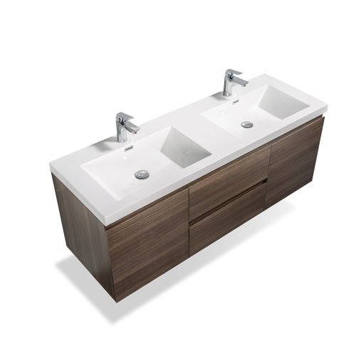 59'' Wall Mounted Double Bathroom Vanity in Rosewood With White Solid Surface Vanity Top