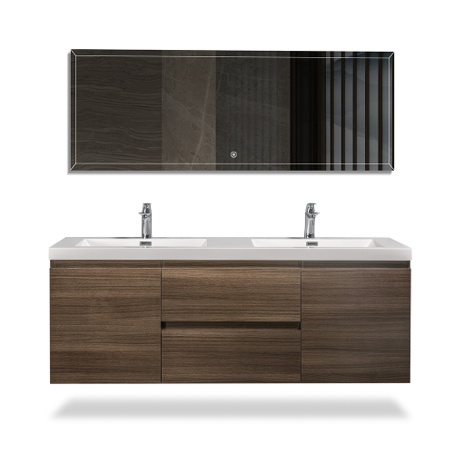 59'' Wall Mounted Double Bathroom Vanity in Rosewood With White Solid Surface Vanity Top