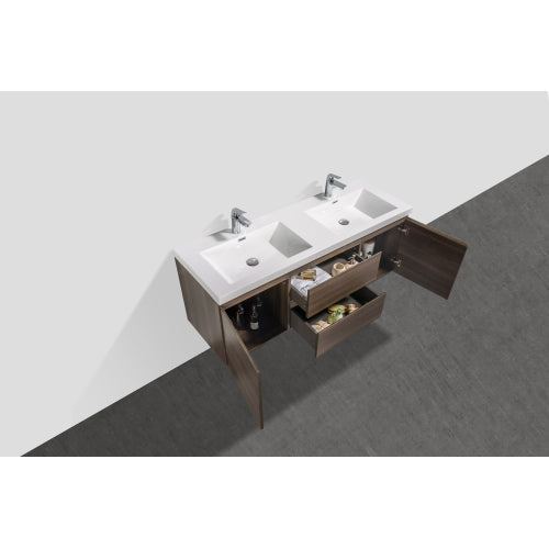 59'' Wall Mounted Double Bathroom Vanity in Rosewood With White Solid Surface Vanity Top