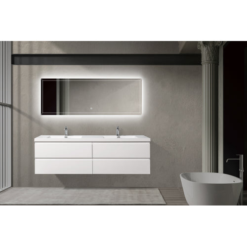 71'' Wall Mounted Double Bathroom Vanity in Gloss White With White Solid Surface Vanity Top