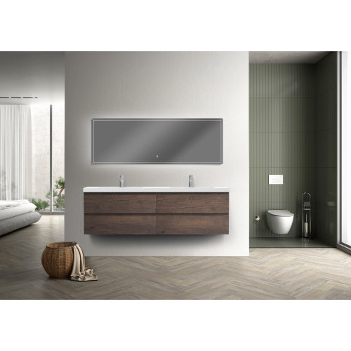 71'' Wall Mounted Double Bathroom Vanity in Rosewood With White Solid Surface Vanity Top