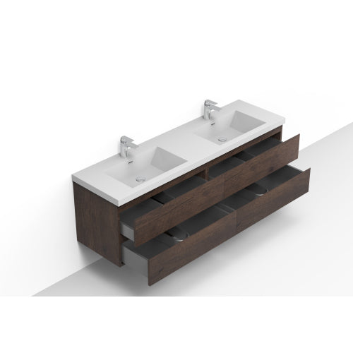 71'' Wall Mounted Double Bathroom Vanity in Rosewood With White Solid Surface Vanity Top