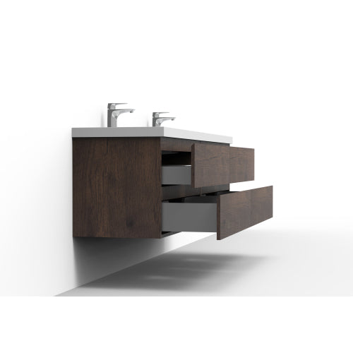 71'' Wall Mounted Double Bathroom Vanity in Rosewood With White Solid Surface Vanity Top