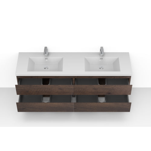 71'' Wall Mounted Double Bathroom Vanity in Rosewood With White Solid Surface Vanity Top