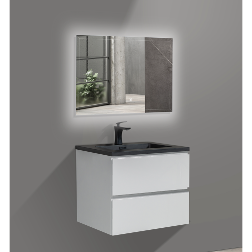 23.5'' Wall Mounted Single Bathroom Vanity in Gloss White With Black Solid Surface Vanity Top