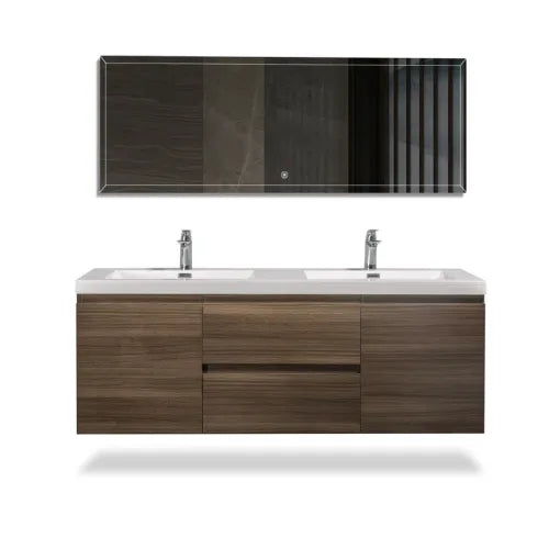 59'' Wall Mounted Single Bathroom Vanity in Ash Gray With White Solid Surface Vanity Top