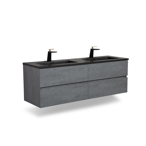 60'' Wall Mounted Single Bathroom Vanity in Ash Gray With Black Solid Surface Vanity Top