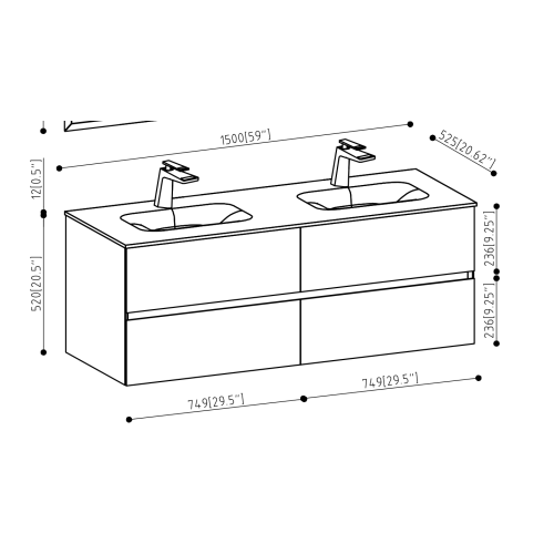 60'' Wall Mounted Single Bathroom Vanity in Ash Gray With Black Solid Surface Vanity Top