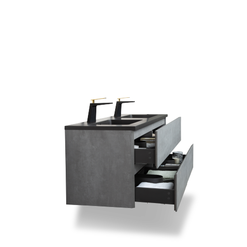 60'' Wall Mounted Single Bathroom Vanity in Ash Gray With Black Solid Surface Vanity Top