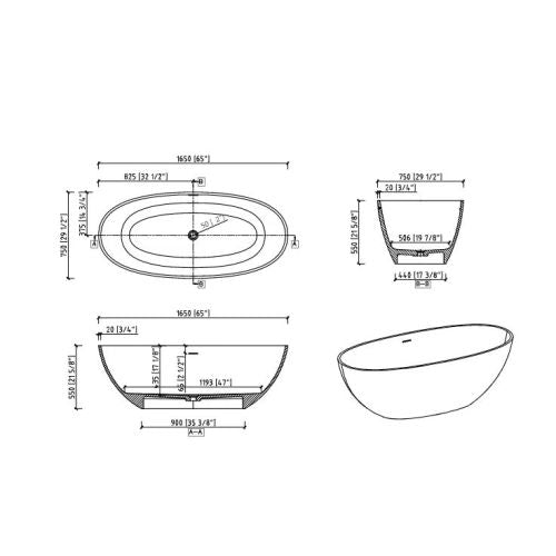 Contemporary Design Solid Surface Freestanding Soaking Bathtub, Matte White