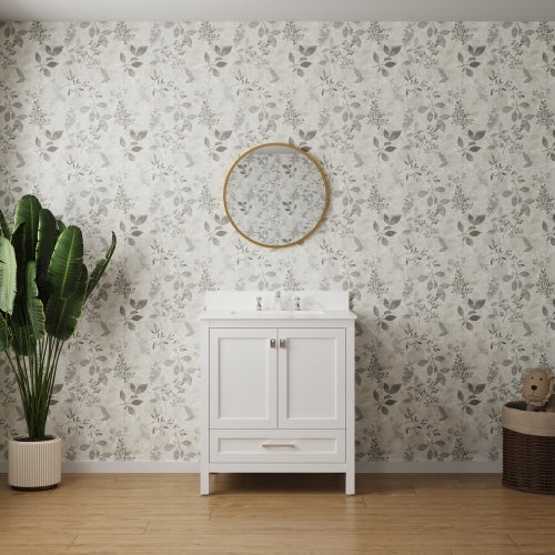 White 30-inch Vanity with Sink Combo featuring a Marble Countertop, and Bathroom Cabinet