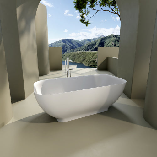 Luxury Solid Surface Freestanding Soaking Bathtub with Overflow and Drain in Matte White