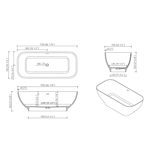 Luxury Solid Surface Freestanding Soaking Bathtub with Overflow and Drain in Matte White