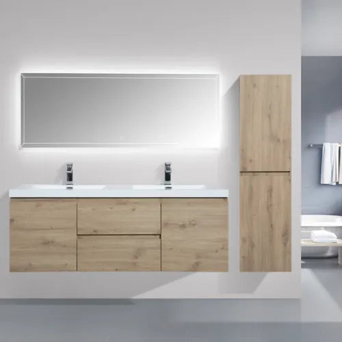 59'' Wall Mounted Double Bathroom Vanity in Natural Wood