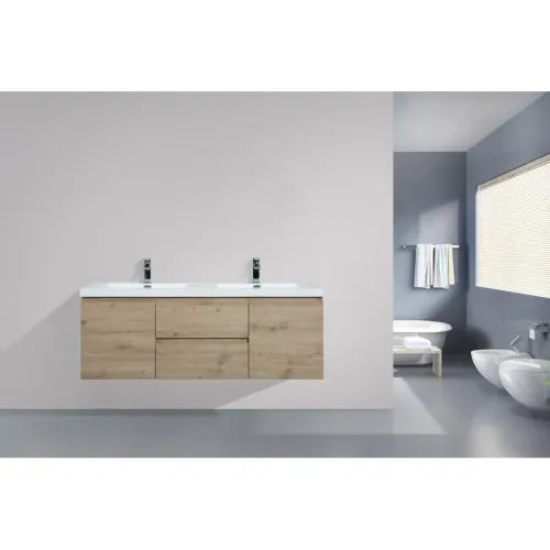 59'' Wall Mounted Double Bathroom Vanity in Natural Wood