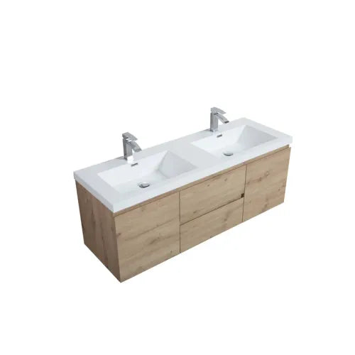 59'' Wall Mounted Double Bathroom Vanity in Natural Wood