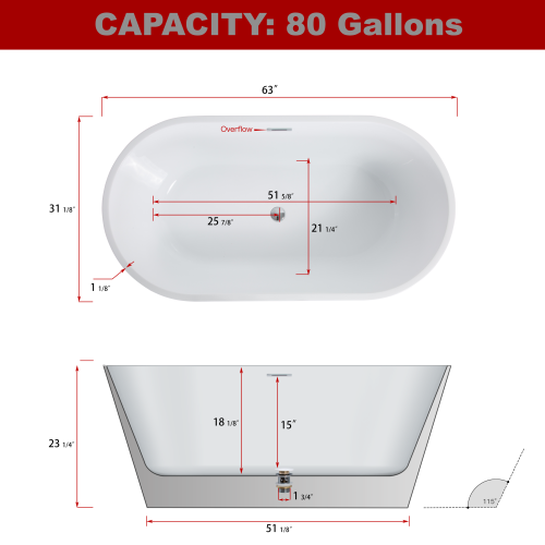 Luxury Glossy White Acrylic Freestanding Soaking Bathtub