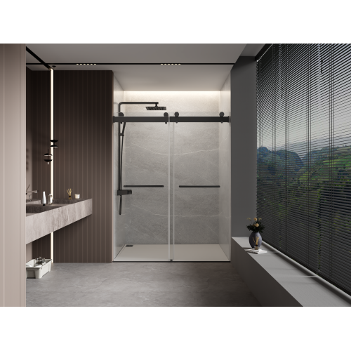 56 to 60 in. W x 76 in. H Double Sliding Frameless Soft-Close Shower Door with Premium 3/8 Inch (10mm) Thick Tampered Glass and Easy-cleaning Coating in Matte Black 23D02-60MB