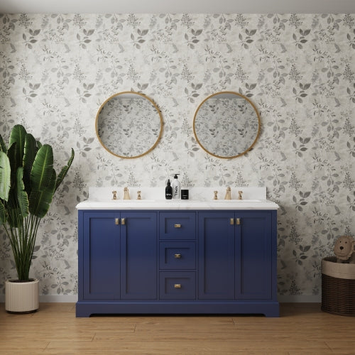 60-inch Navy Blue Vanity Sink Combo featuring a Marble Countertop, and Bathroom Sink Cabinet