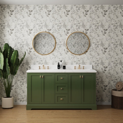 60-inch Green Vanity Combo featuring a Marble Countertop, and Bathroom Sink Cabinet